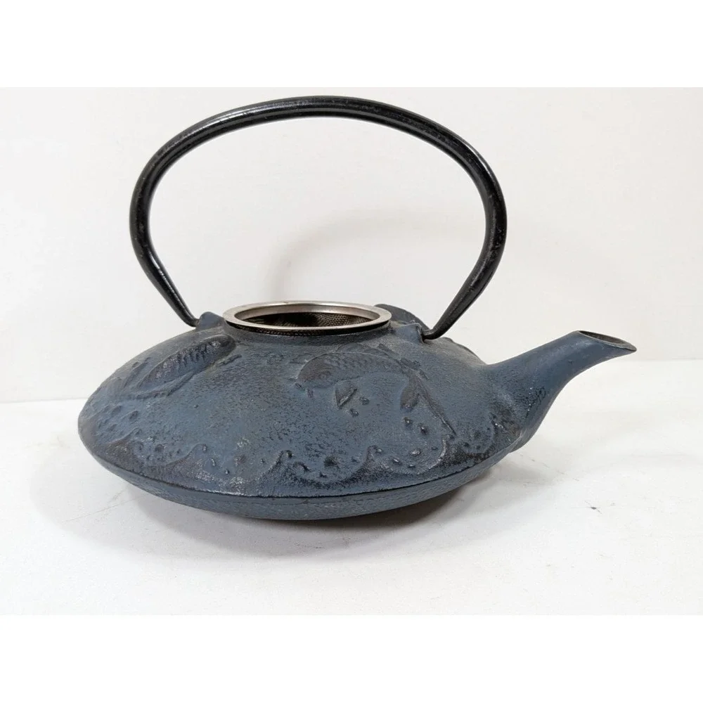 Japanese Vintage 24 Fl Oz Blue Carp Koi Fish Cast Iron Teapot Tetsubin w/ filter